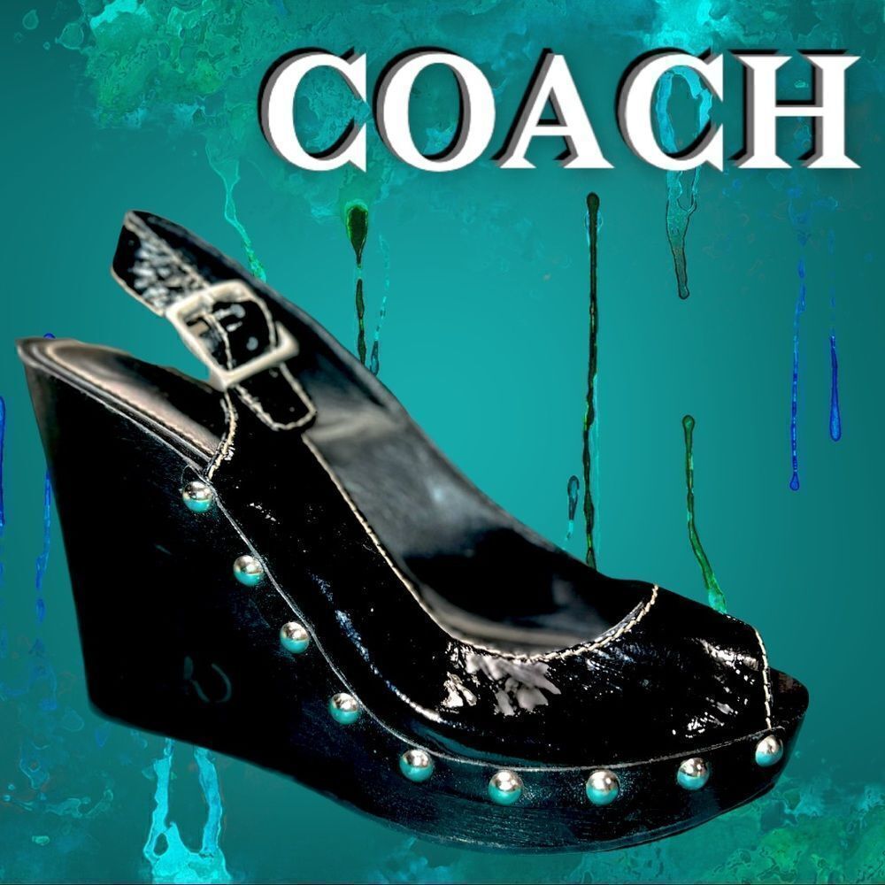 COACH RENAE CRINKLE PATENT SILVER STUD PLATFORM PEEP TOE SANDALS SIZE 6.5 Black